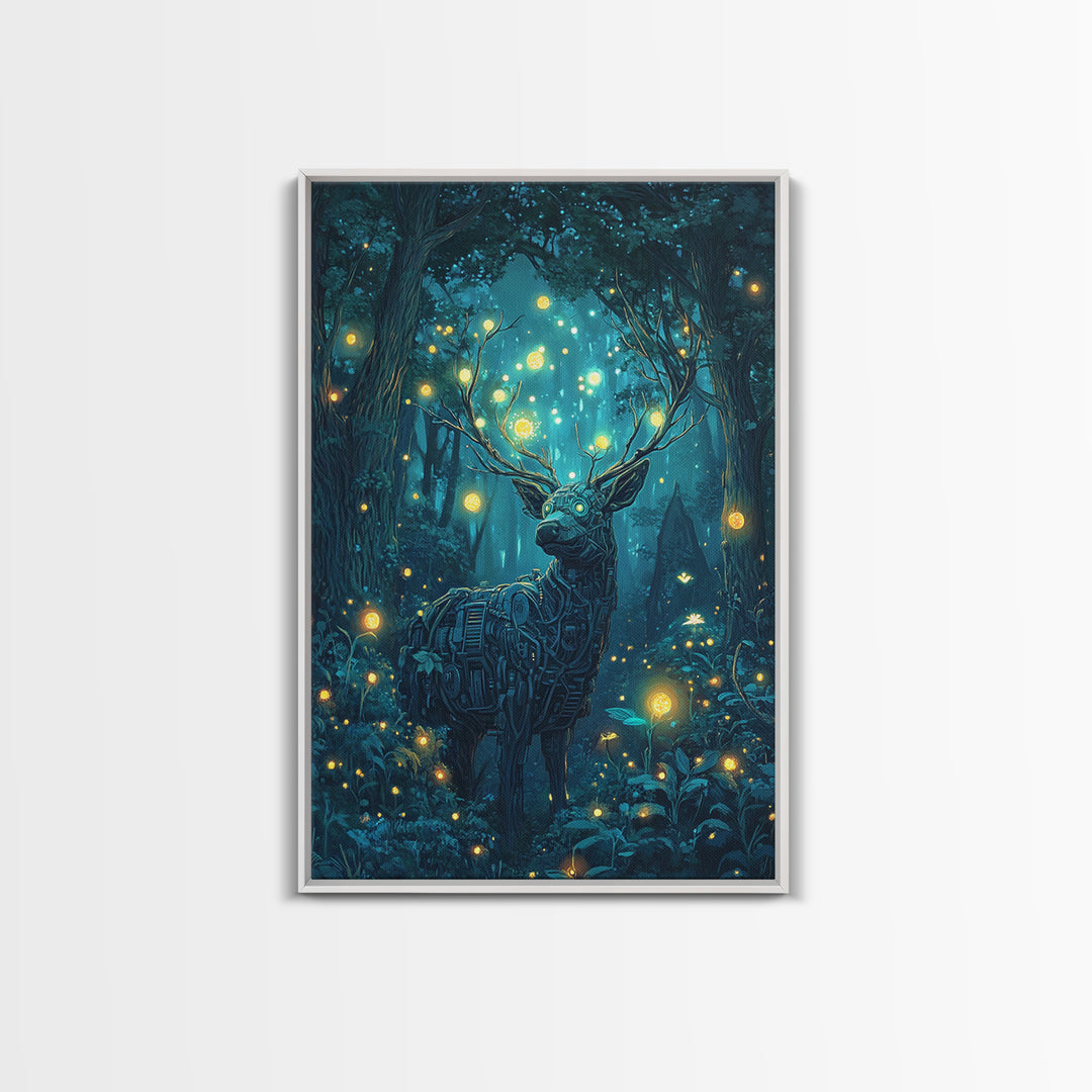 Mechanical Deer In Enchanted Forest Wall Art, Glowing Firefly Fantasy, Cyberpunk Animal Art, Whimsical Nature Canvas Print