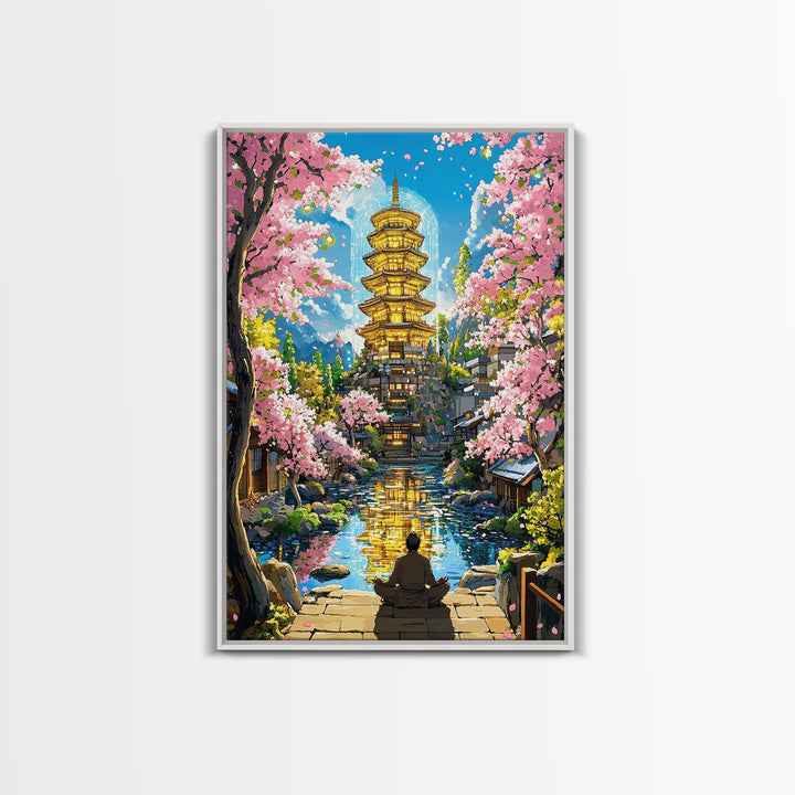 Golden Pagoda Reflecting On Canal Framed Canvas Print, Japanese Cherry Blossom Wall Art, Zen Landscape, Asian Home Decor