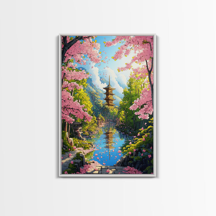 Cherry Blossom River Pagoda Canvas Print, Japanese Mountain Landscape Wall Art, Spring Nature Decor, Calming Living Room Art