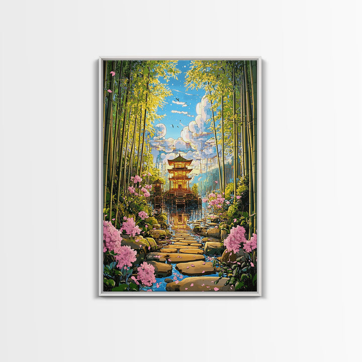 Bamboo Grove Temple Over Water Wall Art, Japanese Zen Landscape, Cherry Blossom Path, Japandi Decor, Framed Canvas Print