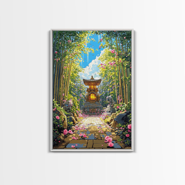 Sunlit Bamboo Garden Shrine Wall Art, Japanese Lantern Path, Pink Flower Decor, Zen Nature Art, Large Framed Canvas Print