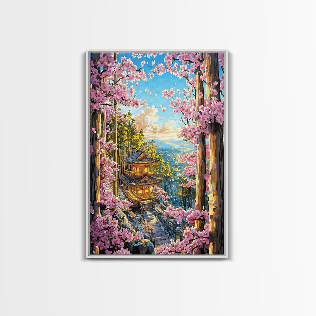 Cherry Blossom Pagoda Forest Wall Art, Japanese Landscape Canvas, Sakura Temple Print, Japandi Home Decor Gift For Living Room
