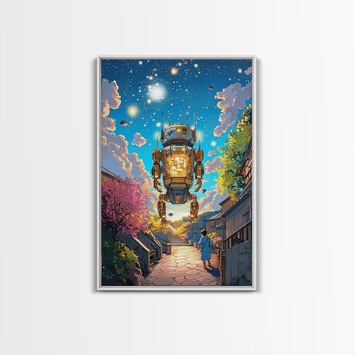 Floating Lantern Robot Wall Art, Futuristic Japanese Street Canvas Print, Cyberpunk Sakura Village Sci Fi Home Decor Gift