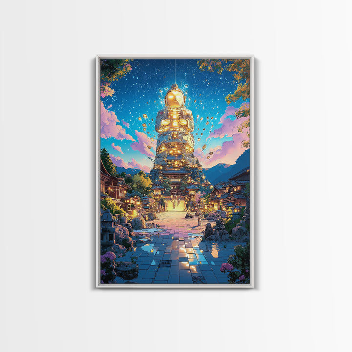 Golden Futuristic Buddha Temple Wall Art, Cyberpunk Japanese Village Canvas Print, Spiritual Sci Fi Decor For Meditation Room