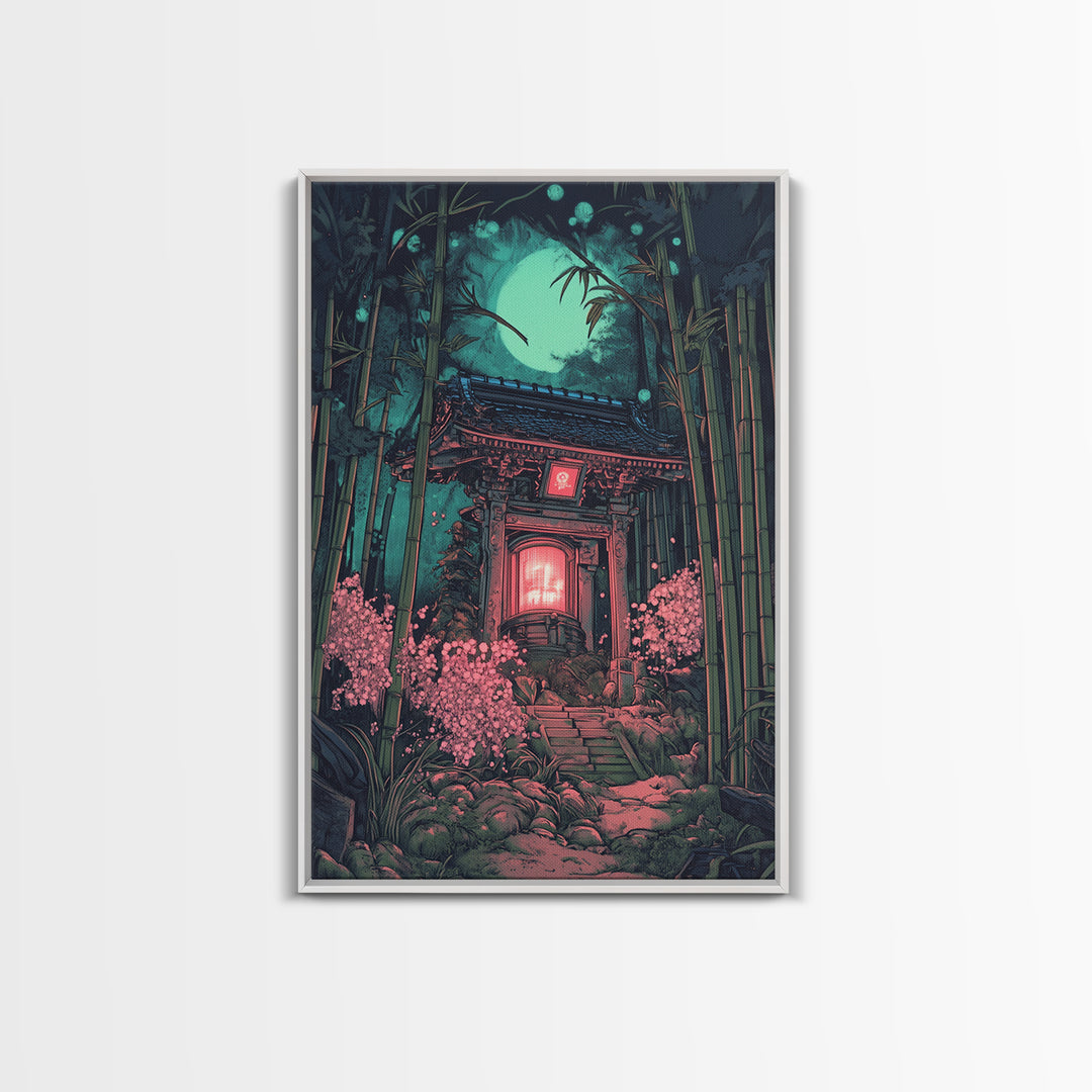 Moonlit Bamboo Shrine Wall Art, Japanese Moon Garden Canvas Print, Dark Botanical Japandi Decor, Pink Floral Temple Scene