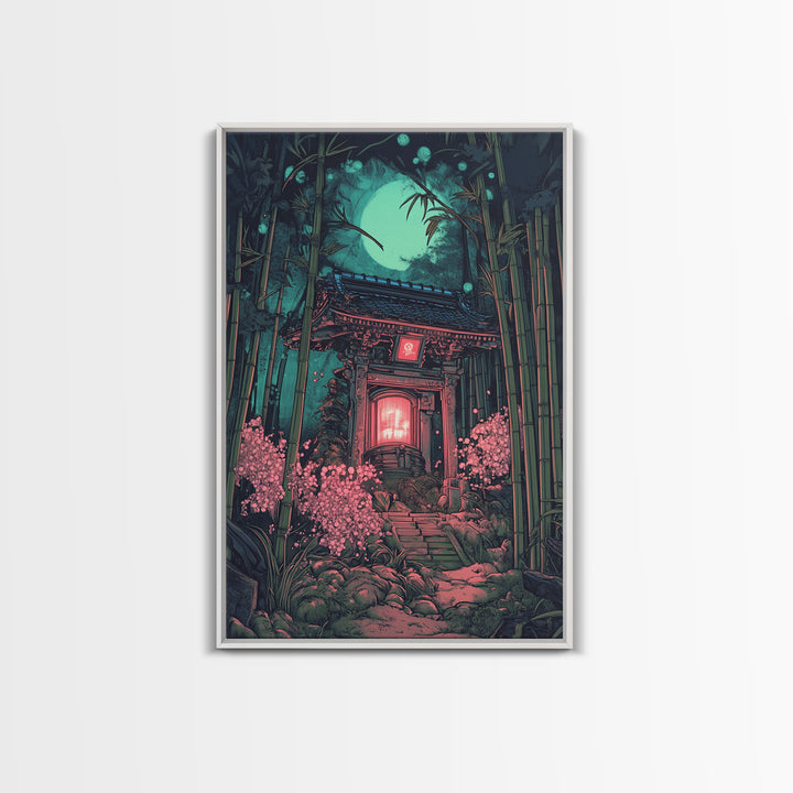 Moonlit Bamboo Shrine Wall Art, Japanese Moon Garden Canvas Print, Dark Botanical Japandi Decor, Pink Floral Temple Scene