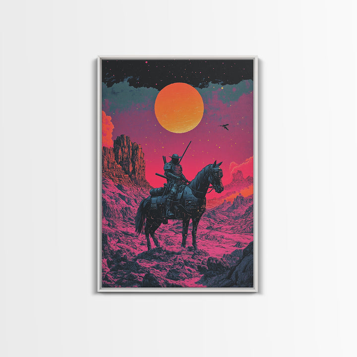 Samurai Horseback Desert Wall Art, Orange Sun Western Japanese Canvas Print, Retro Futuristic Warrior Decor Gift For Man Cave
