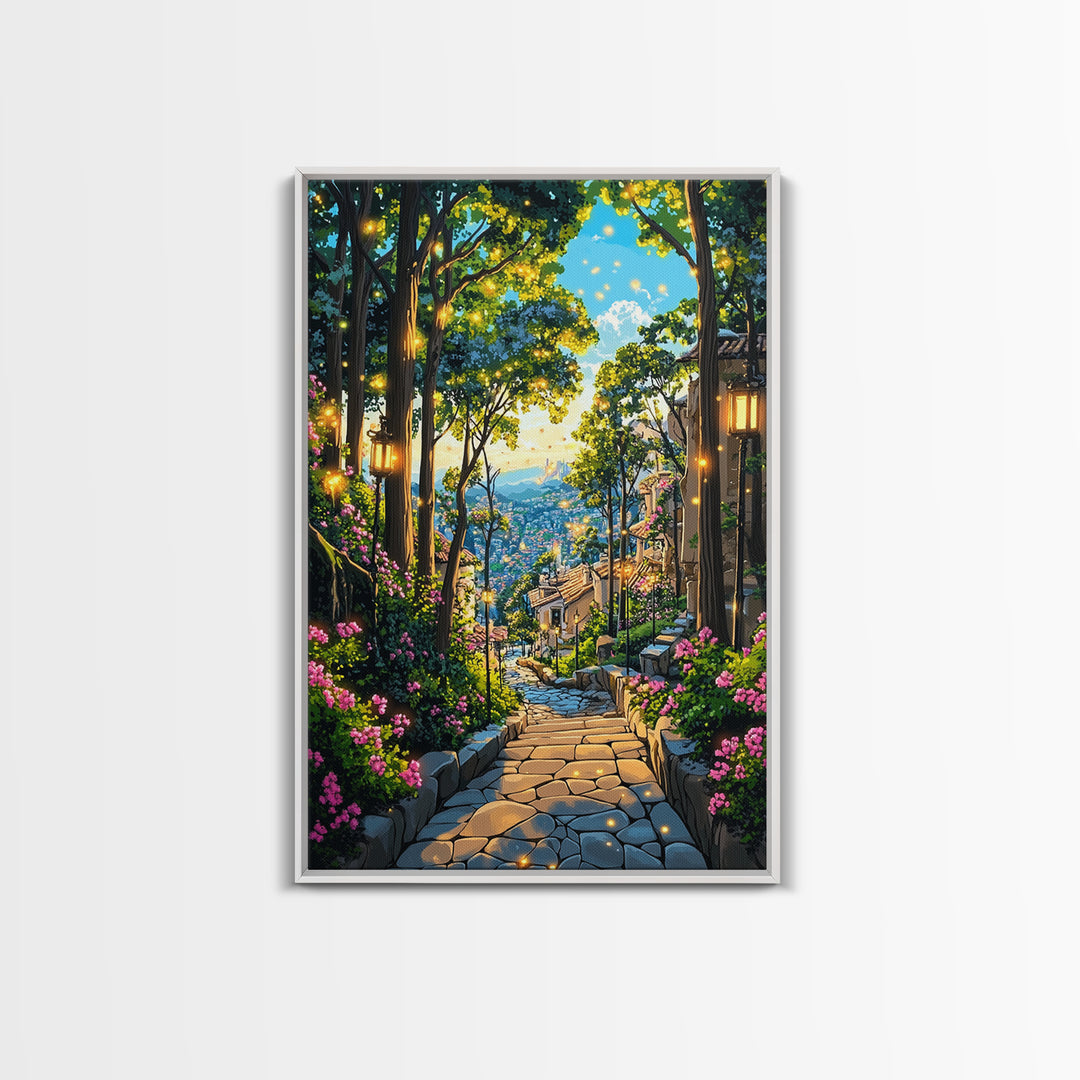 Glowing Forest Stairway Wall Art, Lantern Garden Path Canvas Print, Whimsical Coastal Village Decor For Living Room Gift