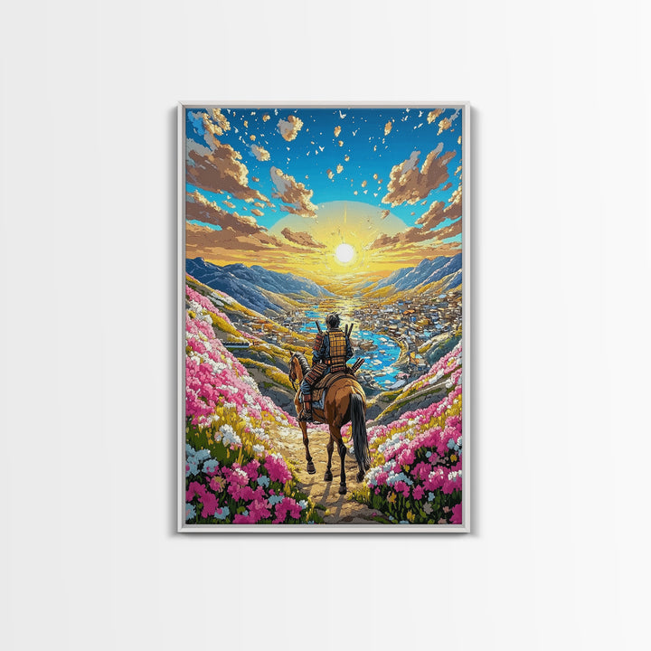 Horseback Warrior Valley Wall Art, Sunrise Mountain Landscape Canvas Print, Pink Flower Meadow Japanese Decor Gift For Home