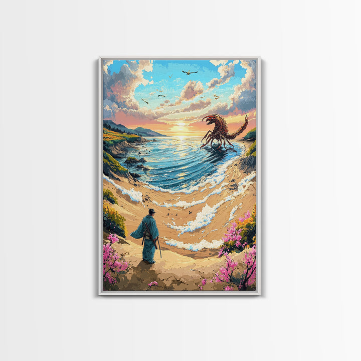 Giant Scorpion Seaside Wall Art, Samurai Beach Landscape Canvas Print, Fantasy Ocean Monster Japanese Decor Gift For Home