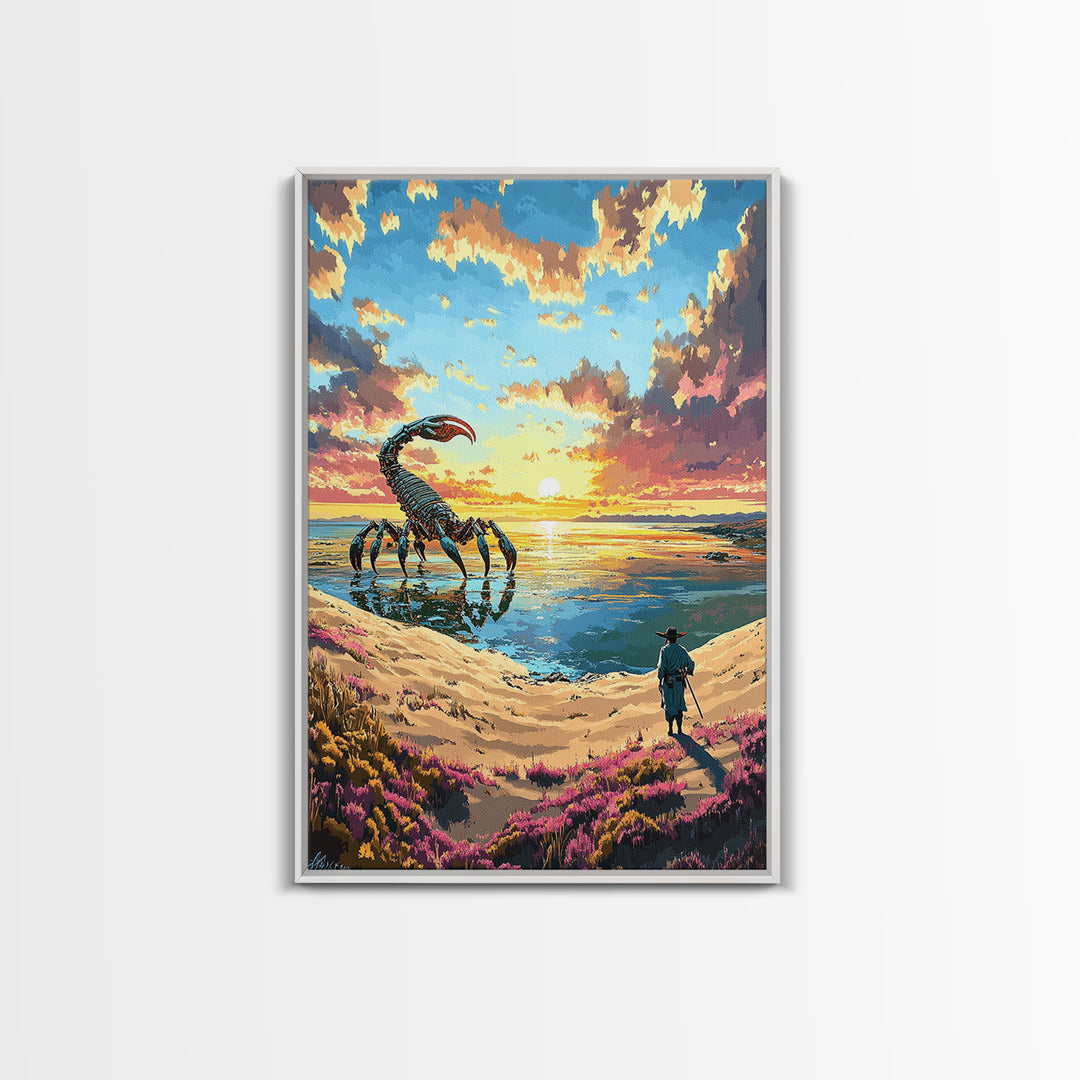 Giant Scorpion Beach Sunset Wall Art, Surreal Fantasy Landscape Canvas, Coastal Sci Fi Decor, Unique Gift For Him, Statement Artwork