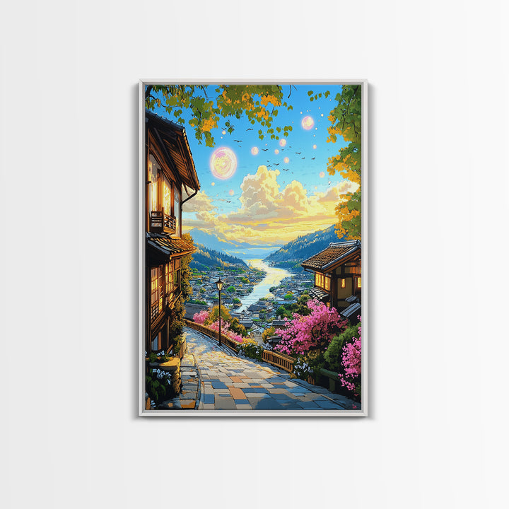 Magical Japanese Lakeside Village Canvas Print, Sunset Mountain Wall Decor, Cherry Blossom Art, Japandi Home Decor Gift Idea