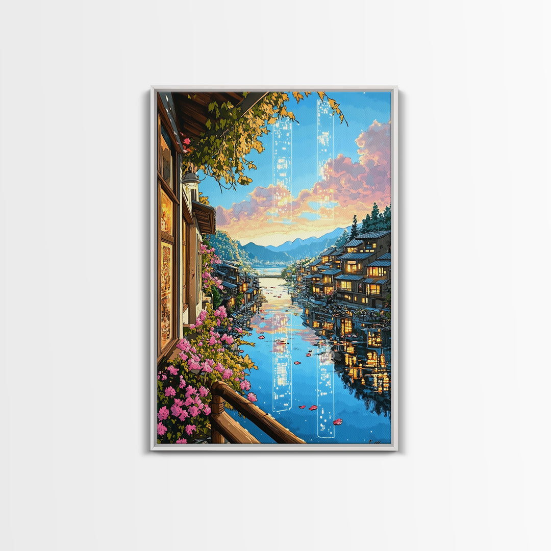 Glowing Canal Village Framed Canvas Print, Japanese Landscape Wall Art, Cherry Blossom Decor, Fantasy Travel Poster Gift