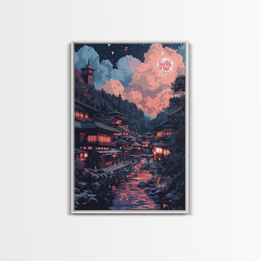Red Moon Japanese River Village Wall Art, Night Lantern Landscape, Dark Academia Decor, Moody Fantasy Canvas Print For Living Room