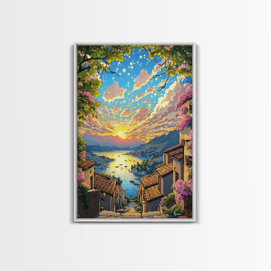 Italian Hillside Village Sunset Canvas Print, Coastal Lake Wall Art, Mediterranean Decor, Romantic Travel Poster Gift Idea