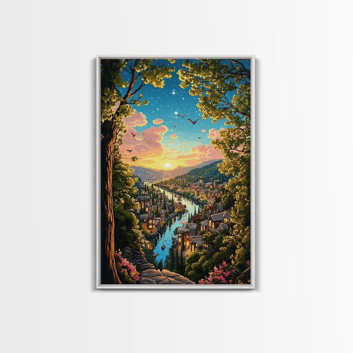 Sunset River City Through Forest Wall Art, Starry Landscape Canvas, Nature Decor, Cozy Living Room Art Print Gift For Her