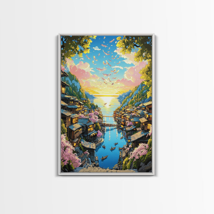 Cherry Blossom Coastal Village Canvas Print, Japanese Seascape Wall Art, Pink Floral Decor, Peaceful Travel Poster Gift Idea