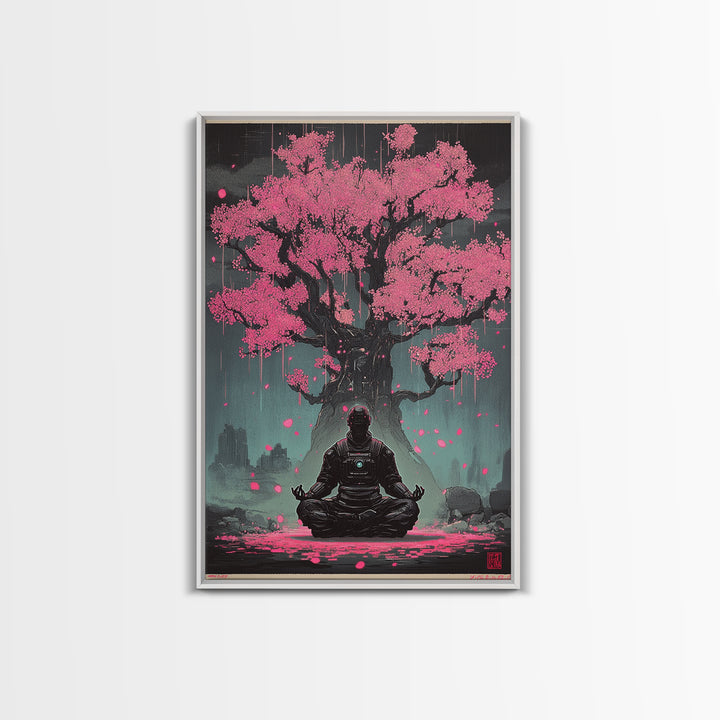 Astronaut Meditating Under Pink Cherry Tree Wall Art, Sci Fi Zen Decor, Dark Botanical Fantasy Framed Canvas Print Gift For Him