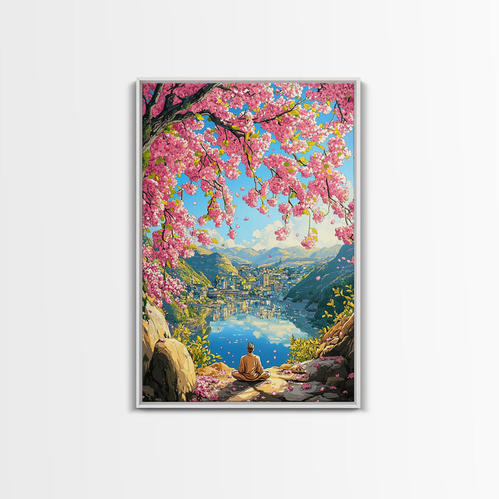 Cherry Blossom Lake Meditation Canvas Print, Japanese Mountain Wall Art, Spring Nature Decor, Peaceful Zen Gift For Her Idea