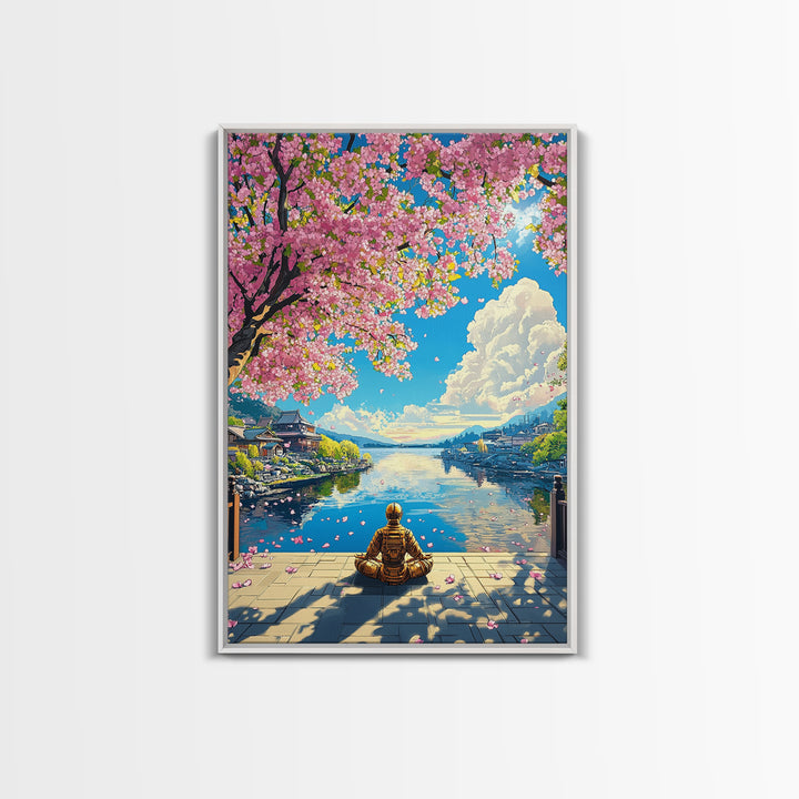 Meditating Samurai Under Pink Cherry Blossoms Wall Art, Japanese Landscape Canvas, Zen Decor, Living Room Art Print, Home Decor