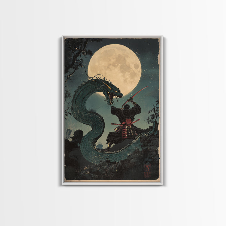 Moon Dragon Duel With Armored Samurai Framed Canvas Print, Japanese Fantasy Wall Art, Dark Academia Decor, Gift For Him, Office Decor