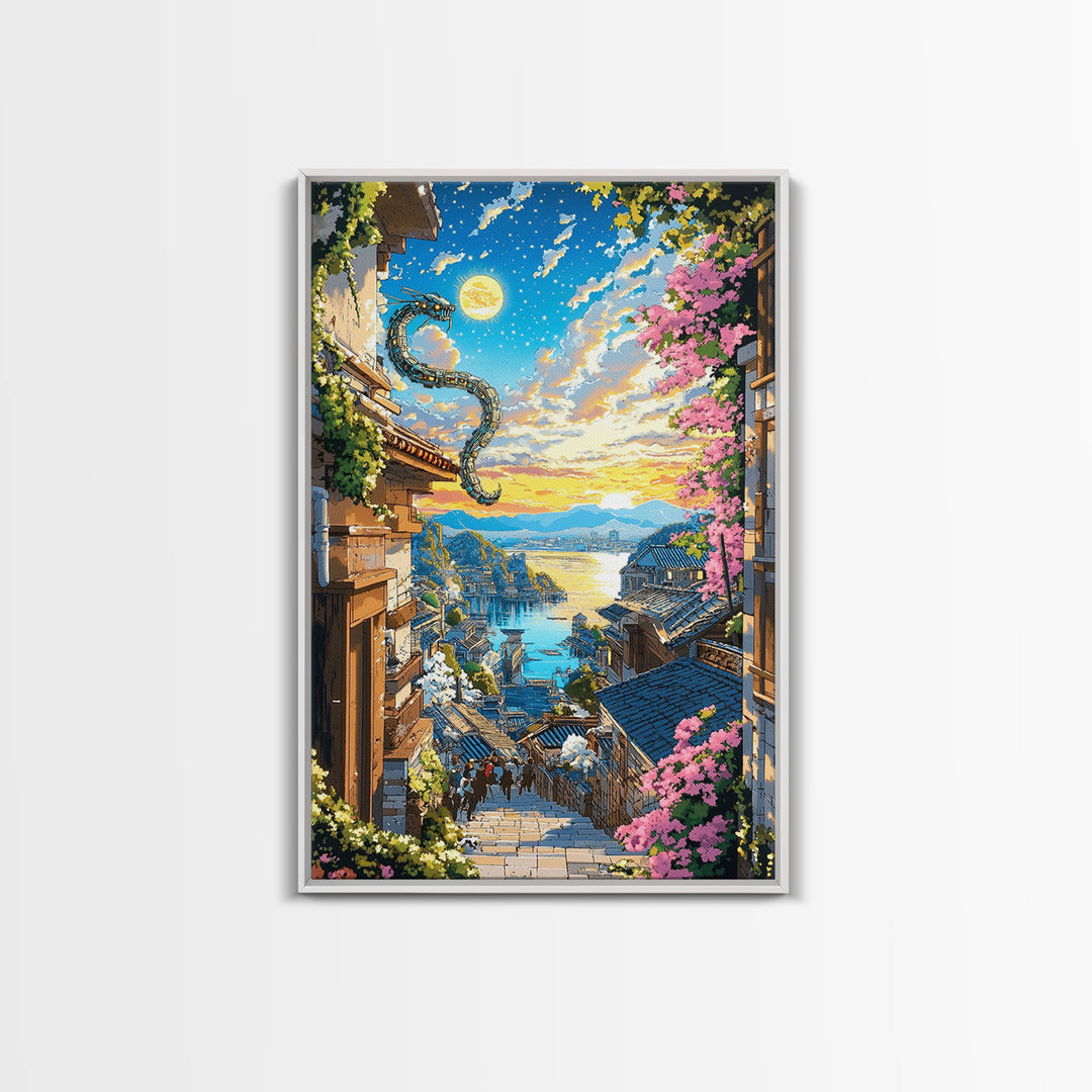 Dragon Over Sunlit Coastal Stairway Canvas Print, Japanese Village Wall Art, Cherry Blossom Decor, Fantasy Landscape Print