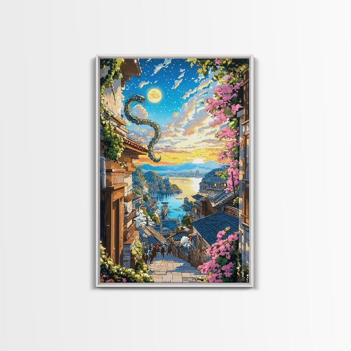 Dragon Over Sunlit Coastal Stairway Canvas Print, Japanese Village Wall Art, Cherry Blossom Decor, Fantasy Landscape Print
