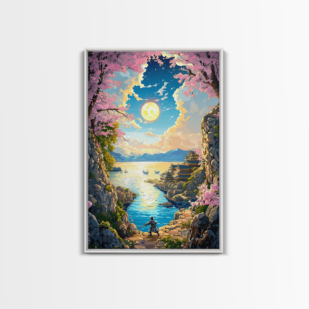 Moonlit Cherry Blossom Sea Cove Wall Art, Samurai Fantasy Landscape, Japanese Coastal Decor, Living Room Canvas Print, Home Decor