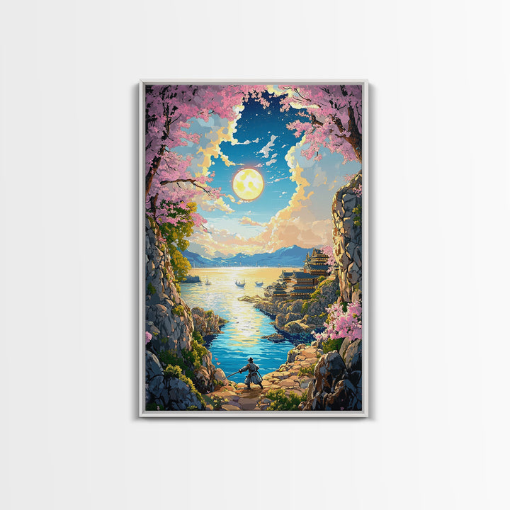 Moonlit Cherry Blossom Sea Cove Wall Art, Samurai Fantasy Landscape, Japanese Coastal Decor, Living Room Canvas Print, Home Decor