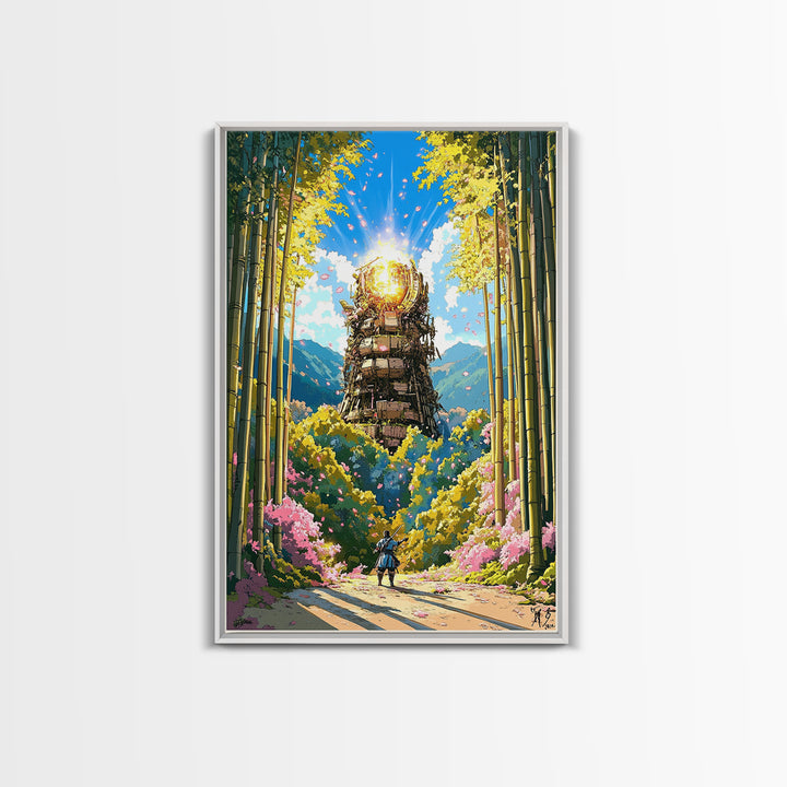 Glowing Samurai Tower In Bamboo Forest Wall Art, Japanese Fantasy Landscape, Asian Inspired Art Canvas Print, Living Room Decor