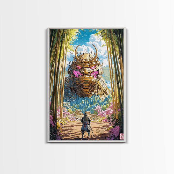 Giant Golden Samurai Mask In Bamboo Grove Framed Canvas Print, Japanese Warrior Wall Art, Fantasy Decor, Gift For Him, Office Decor