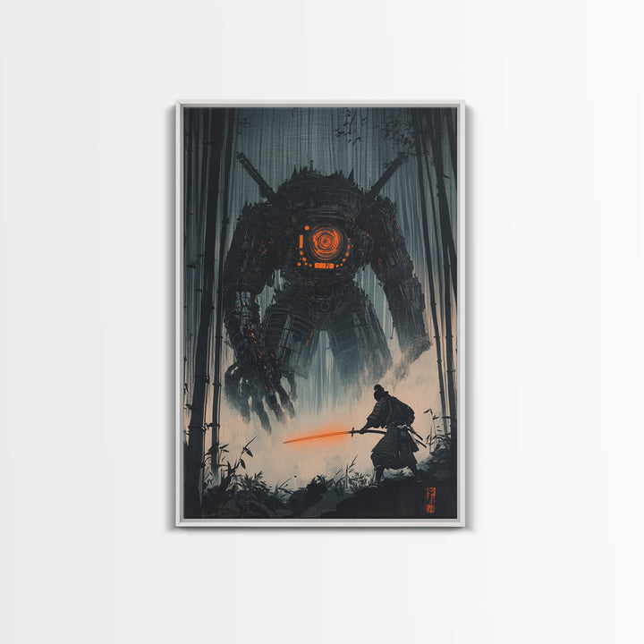 Dark Samurai Facing Giant Mech Wall Art, Cyberpunk Japanese Bamboo Forest, Neon Sword Framed Canvas Print, Office Wall Decor