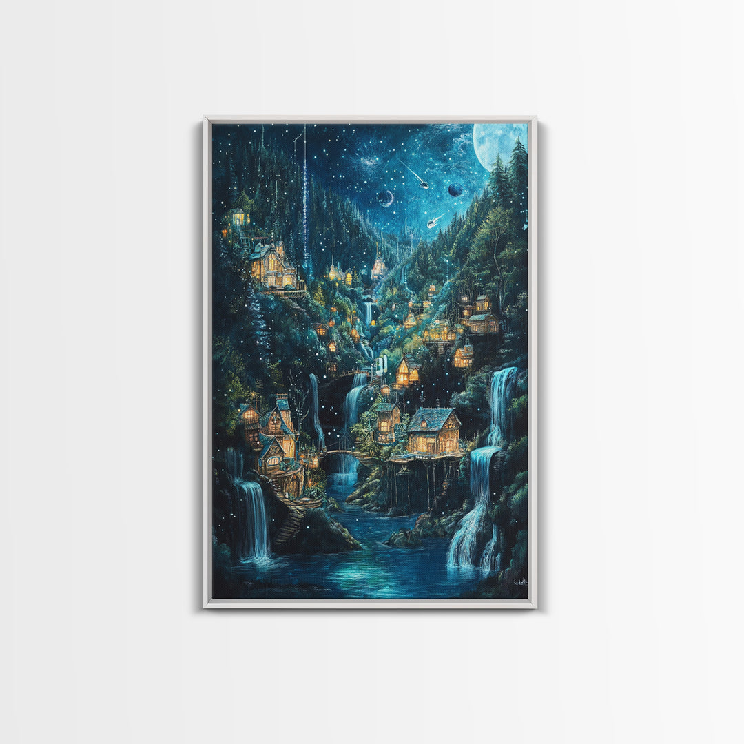 Starry Waterfall Village In Enchanted Forest Canvas Print, Fantasy Wall Art, Magical Cabin Decor, Cozy Living Room Decor
