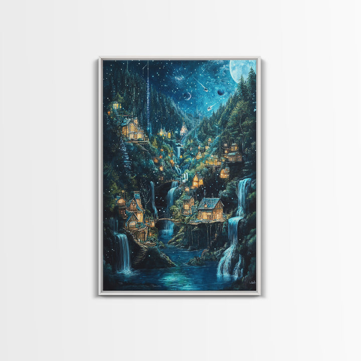 Starry Waterfall Village In Enchanted Forest Canvas Print, Fantasy Wall Art, Magical Cabin Decor, Cozy Living Room Decor