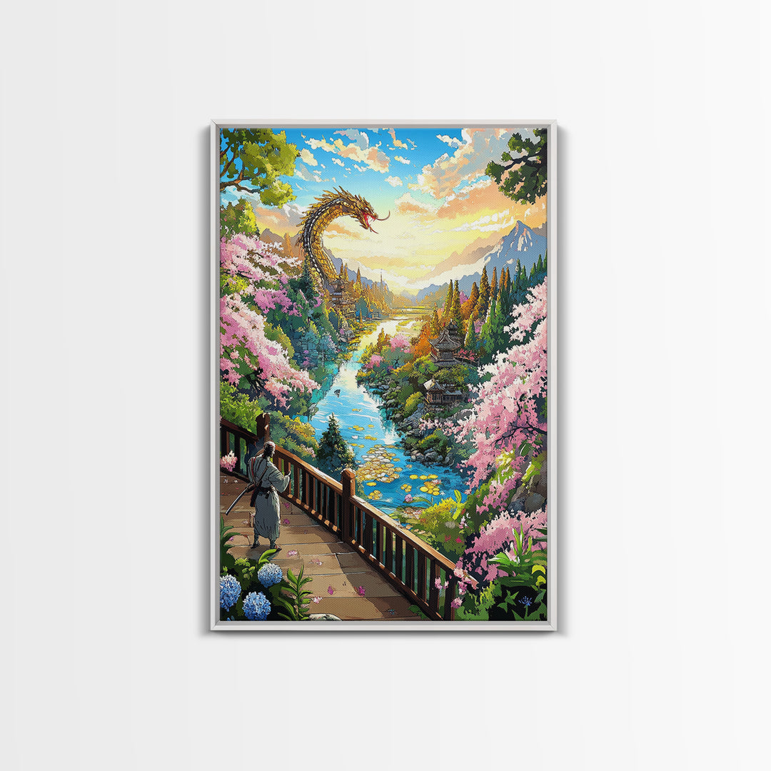 Golden Dragon Above Cherry Blossom Valley Wall Art, Japanese Fantasy Landscape, River Mountain Canvas Print, Zen Home Decor