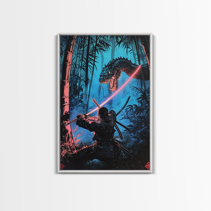 Neon Samurai Battling Serpent Dragon Wall Art, Cyberpunk Japanese Bamboo Forest, Dark Fantasy Framed Canvas Print, Office Decor