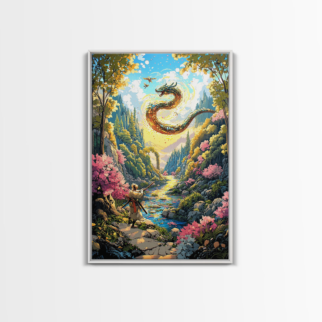 Warrior And Golden Dragon Mountain River Wall Art, Japanese Fantasy Canvas Print, Samurai Decor, Cherry Blossom Landscape