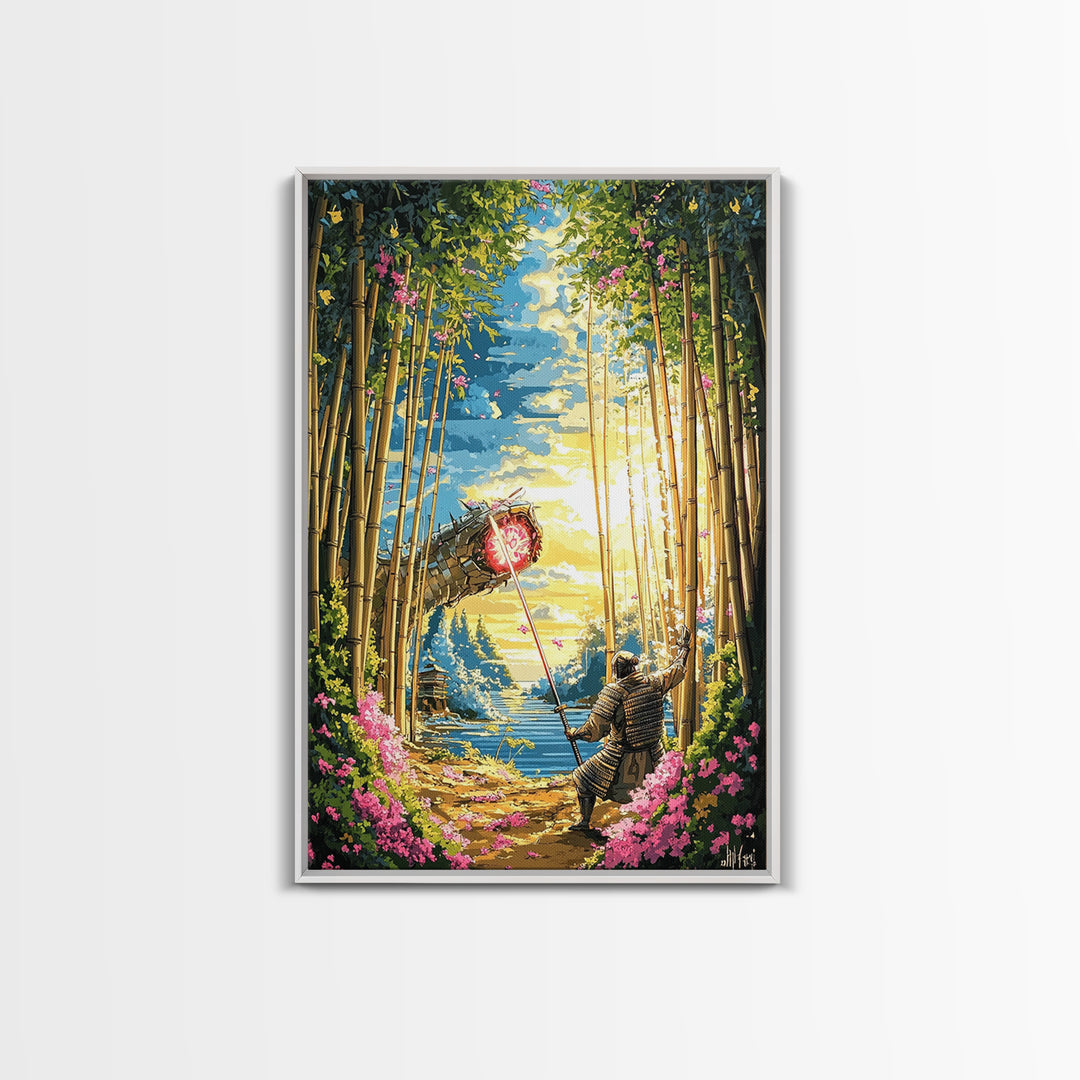Samurai Banner In Bamboo Forest Wall Art, Japanese Warrior Canvas Print, Cherry Blossom Decor, Fantasy Landscape Poster Art