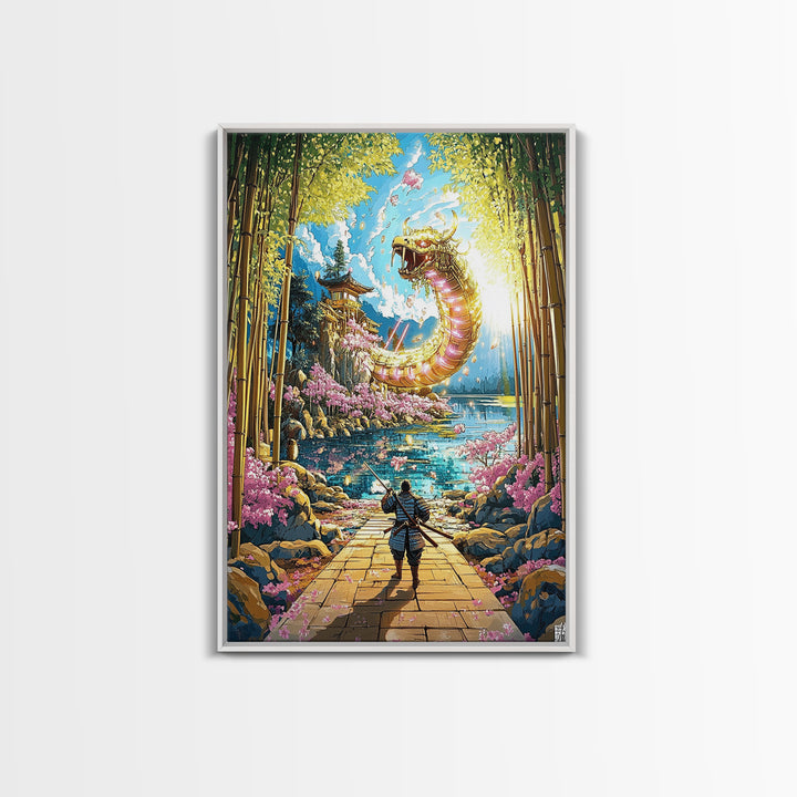 Golden Dragon By Bamboo Lake Framed Canvas Print, Samurai Wall Art, Japanese Fantasy Decor, Cherry Blossom Temple Art Print