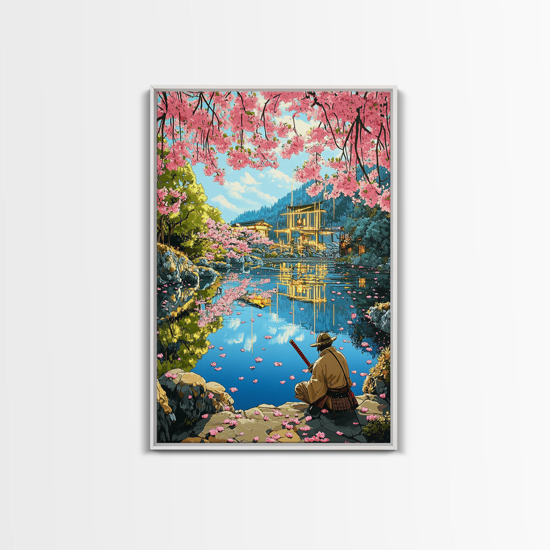 Seated Samurai At Cherry Blossom Lake Wall Art, Japanese Garden Canvas Print, Torii Reflection Decor, Peaceful Landscape