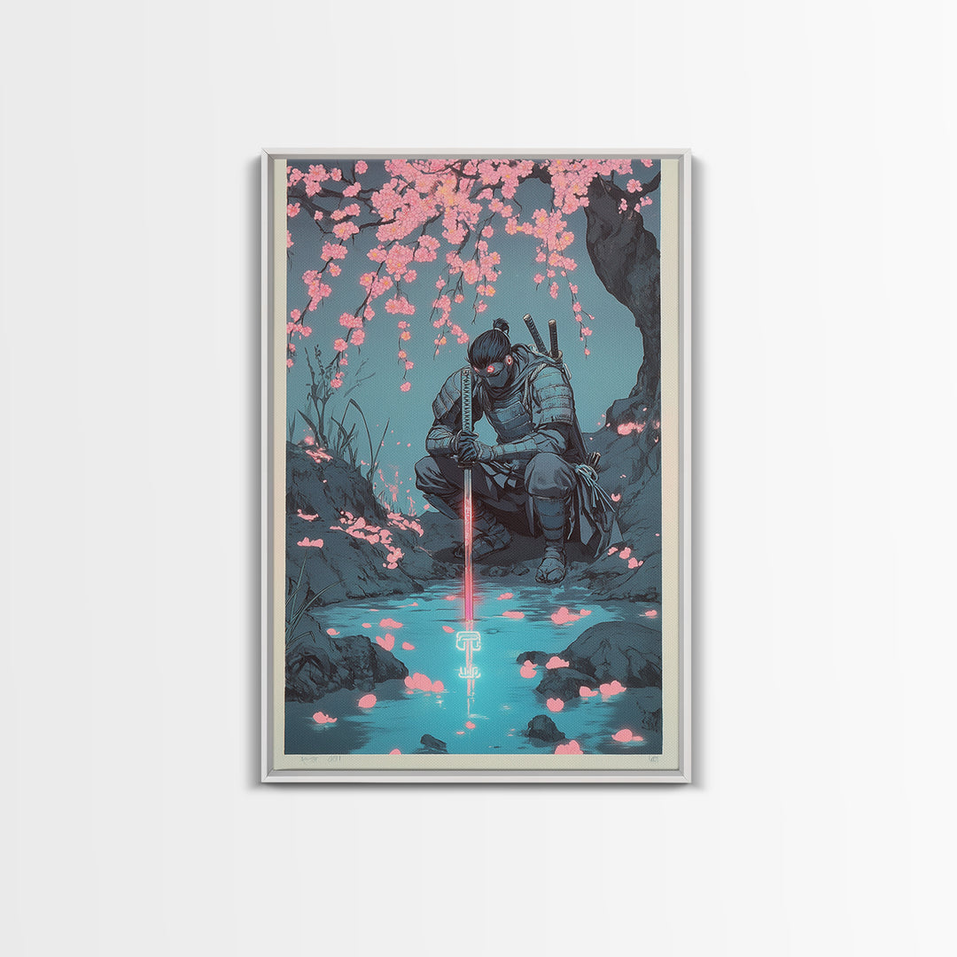 Kneeling Samurai With Glowing Sword Wall Art, Dark Japanese Canvas Print, Cherry Blossom Stream Decor, Ninja Warrior Poster