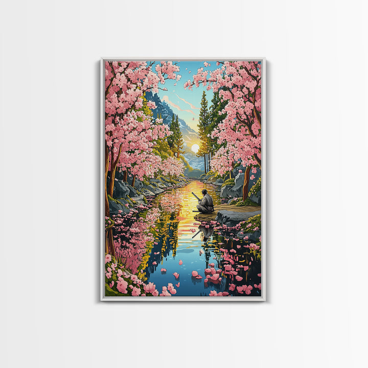 Samurai Meditation Beside Cherry River Wall Art, Japanese Landscape Canvas Print, Sakura Sunset Decor, Mountain Reflection