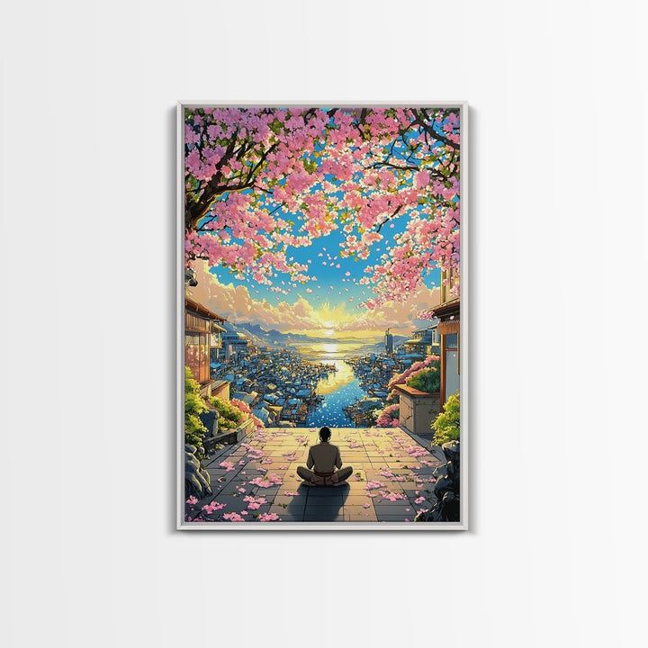 Meditation Over Cherry Blossom Harbor Wall Art, Japanese Coastal Canvas Print, Sakura Cityscape Decor, Peaceful Sunset Art