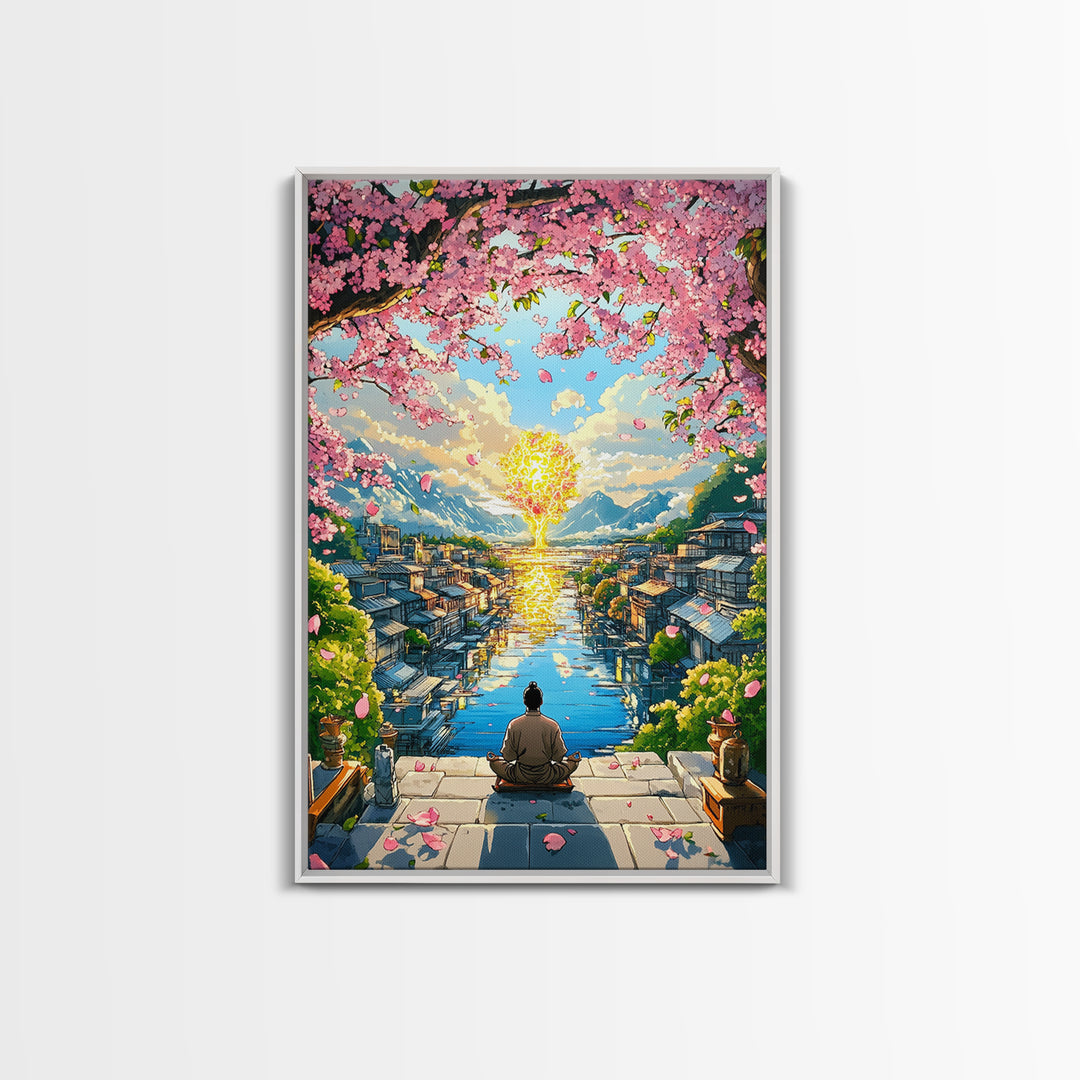 Meditating Figure Beneath Golden Tree Wall Art, Cherry Blossom Canvas Print, Japanese Canal City Decor, Spiritual Landscape