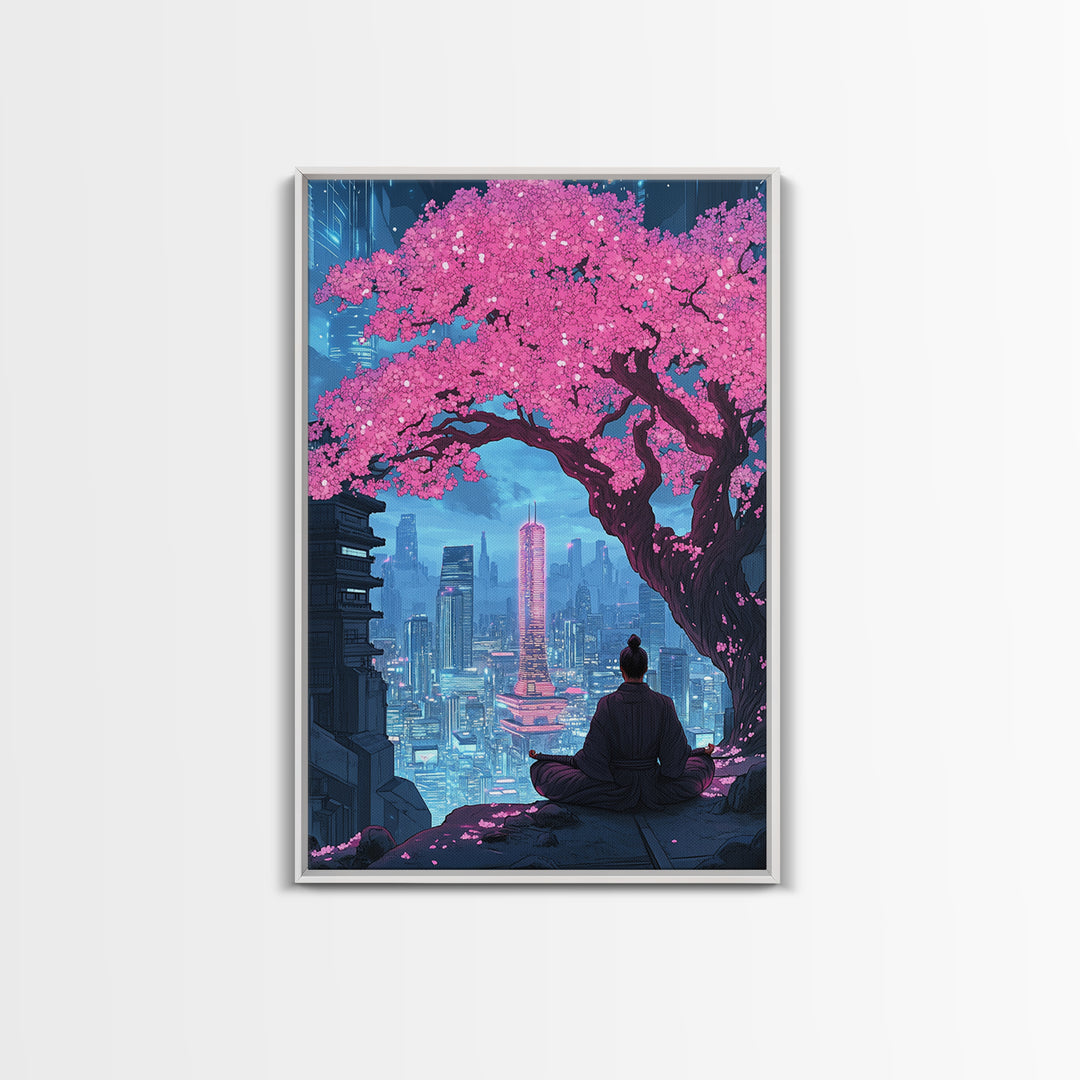 Pink Cherry Blossom Meditation City Wall Art, Cyberpunk Japanese Landscape Print, Neon Urban Decor, Zen Living Room Art Gift