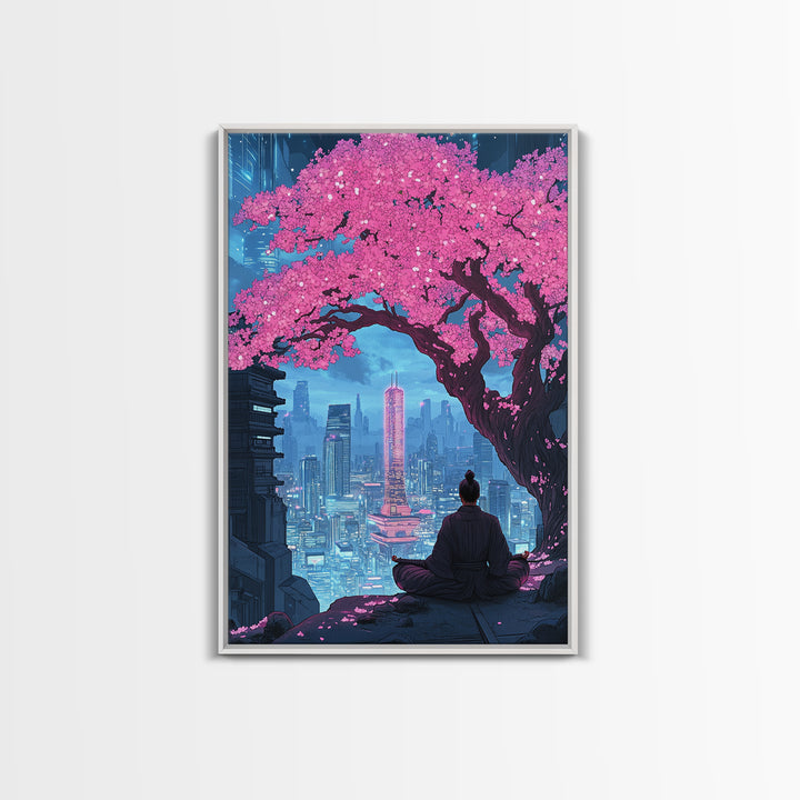 Pink Cherry Blossom Meditation City Wall Art, Cyberpunk Japanese Landscape Print, Neon Urban Decor, Zen Living Room Art Gift
