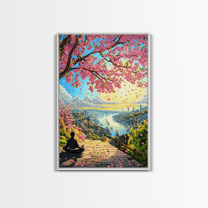 Cherry Blossom Stairway Bay Canvas Print, Japanese Coastal Landscape Art, Peaceful Zen Decor, Colorful Living Room Wall Art