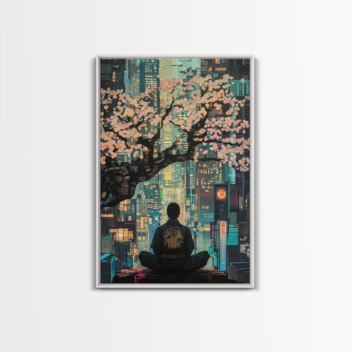 Cherry Blossoms Over Neon City Framed Canvas Print, Cyberpunk Japanese Wall Decor, Urban Zen Meditation Living Room Art Gift