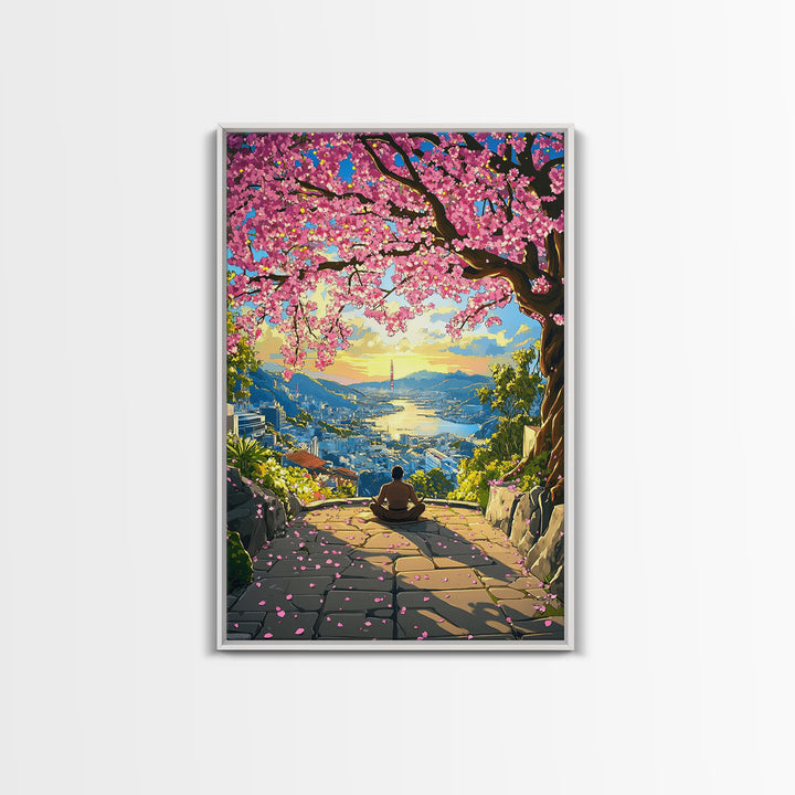Sunset Cherry Blossom Bay Wall Art, Japanese Landscape Painting, Zen Meditation Decor, Colorful Coastal Living Room Print