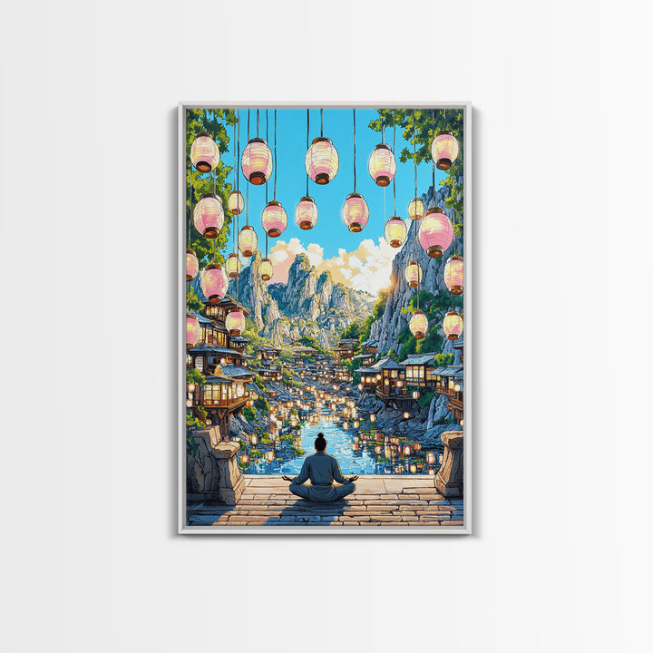 Lantern Mountain Village Canvas Print, Japanese Fantasy Landscape Art, Glowing River Decor, Zen Living Room Wall Art Gift